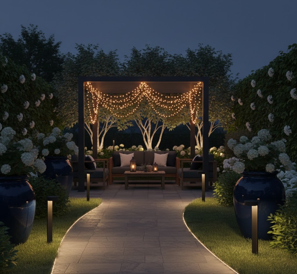 Beautifully lit evening terrace